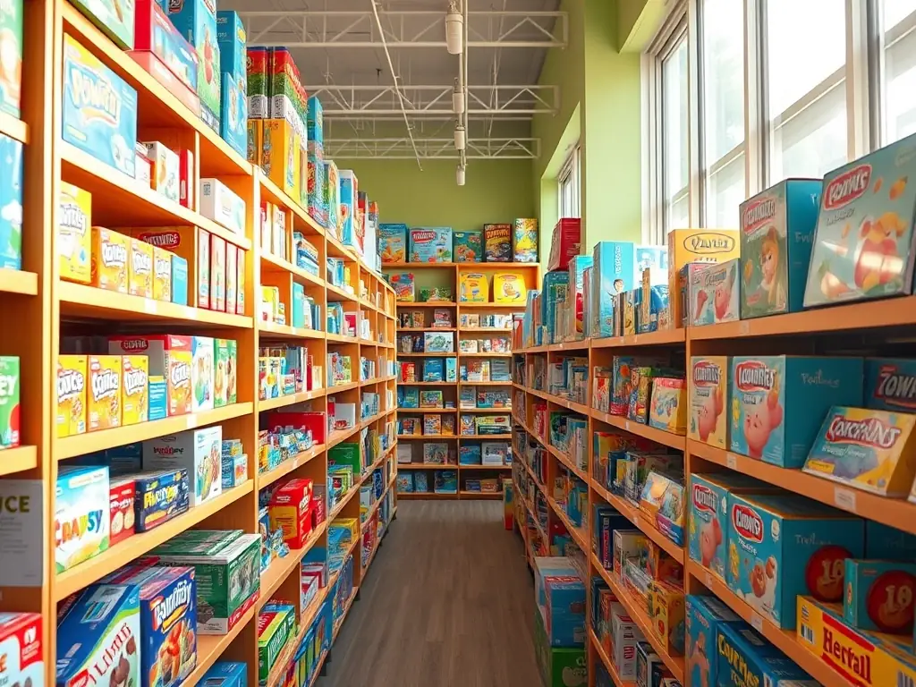 A person browsing through shelves filled with various board games and toys, representing the game lending program offered by L'ARBRE A JEUX.