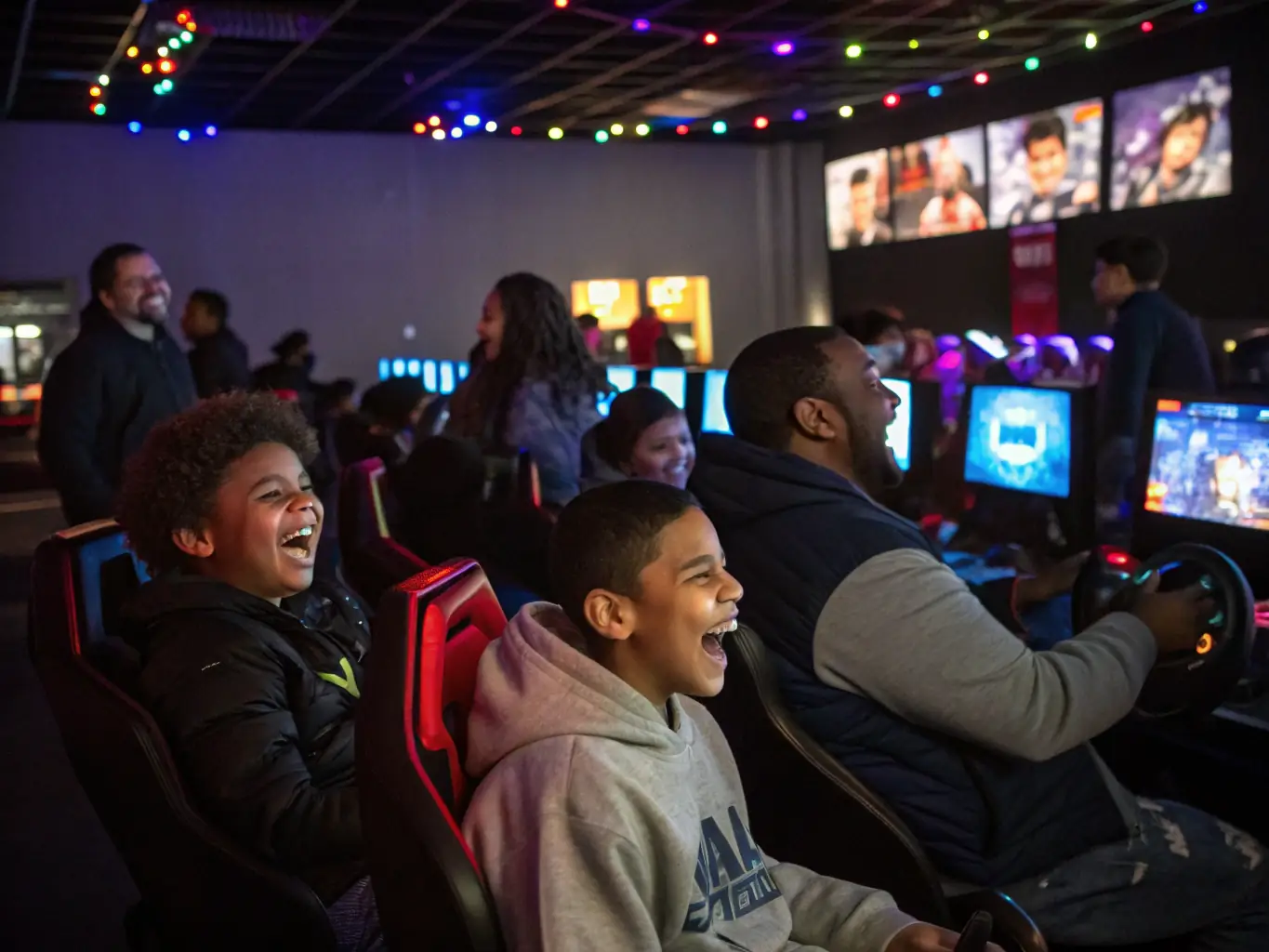 A heartwarming image of a community gathering at L'ARBRE A JEUX, showcasing members of all ages participating in a collaborative game or activity.