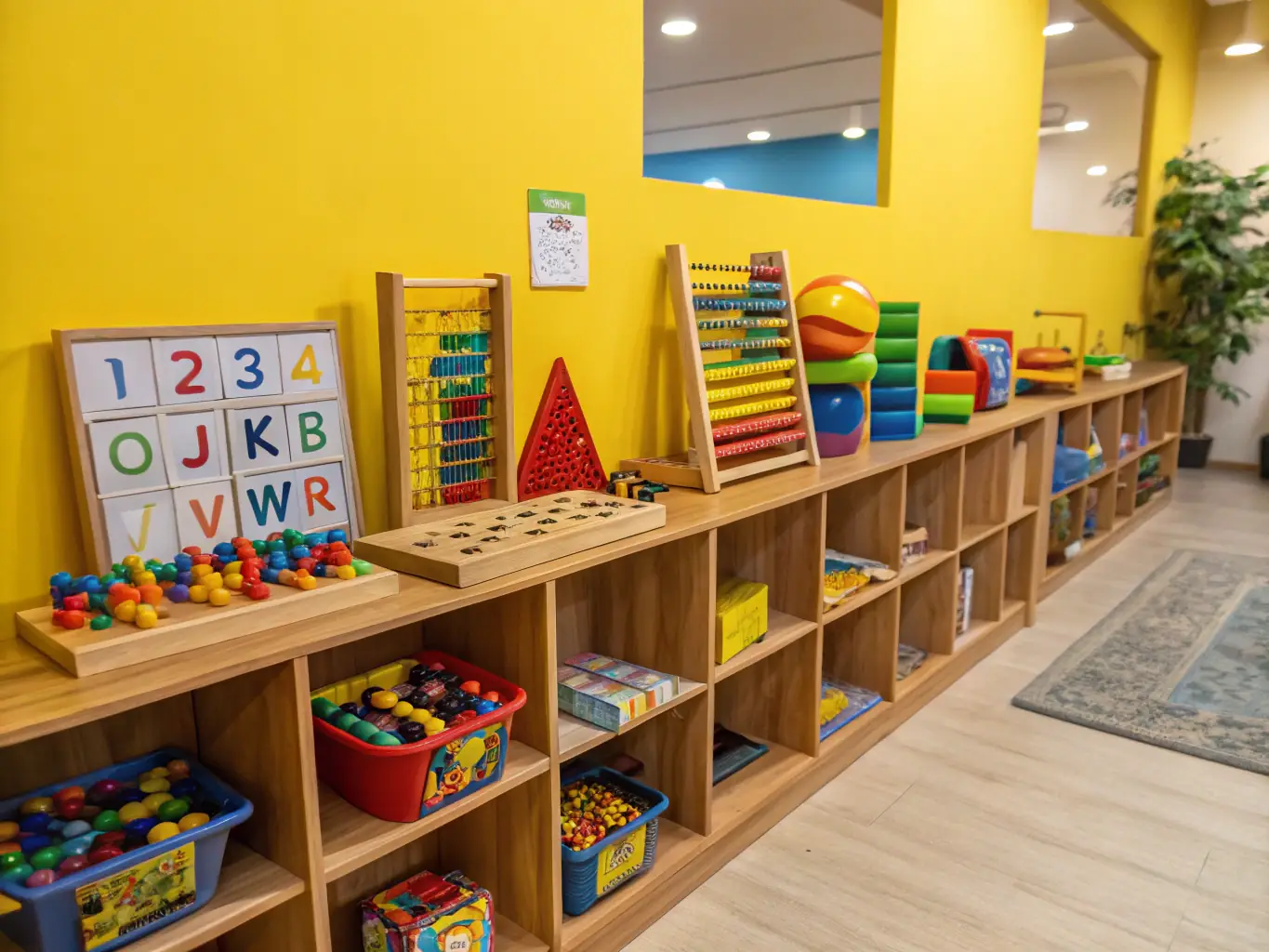 A close-up shot of various educational toys, such as building blocks and puzzles, neatly arranged on a shelf at L'ARBRE A JEUX, emphasizing the learning aspect of the toy collection.