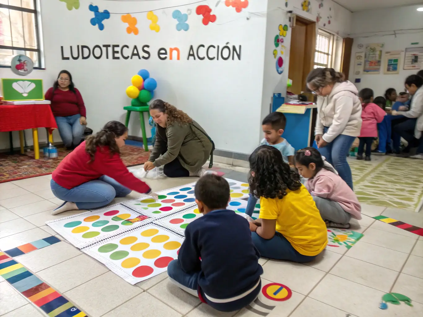 A photograph capturing a lively on-site play session at L'ARBRE A JEUX, with children and adults engaged in various board games and activities.
