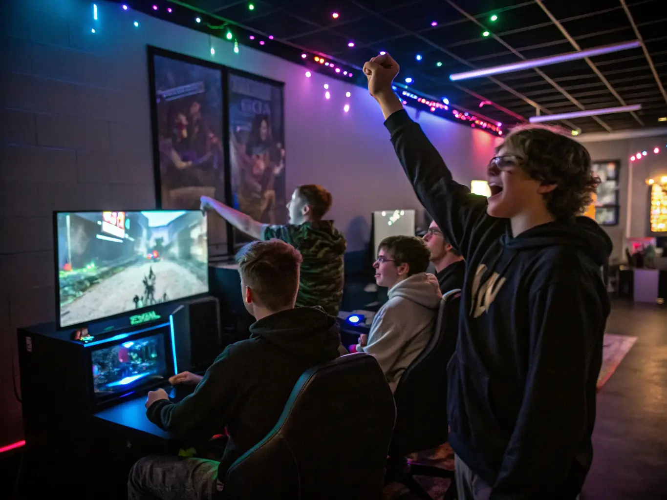 An image of a group of teenagers playing a modern video game together on a large screen in a dedicated gaming area at L'ARBRE A JEUX, highlighting the association's appeal to different age groups.