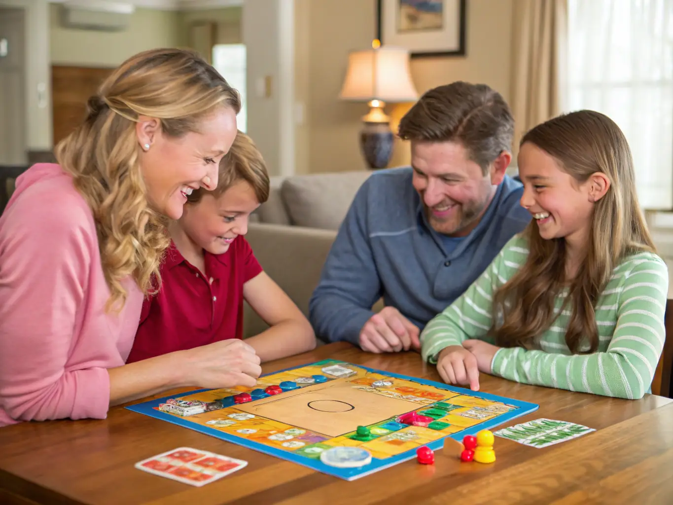 A brightly lit image of children and adults playing a board game together at a table in L'ARBRE A JEUX, showcasing the joy and social interaction fostered by the game lending program.