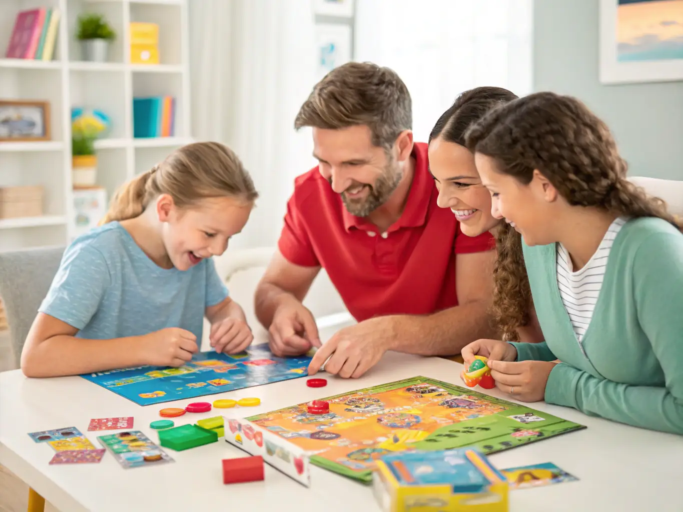 A group of children happily playing board games together at a table in a brightly lit room, showcasing the joy of on-site play sessions at L'ARBRE A JEUX.